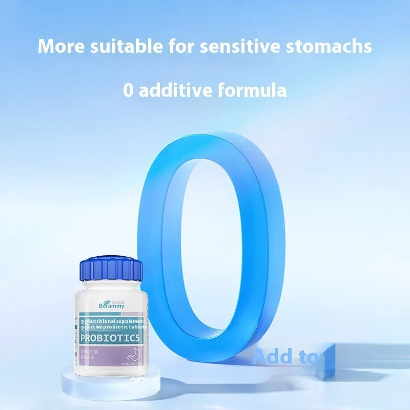 Bottle of 180 pet probiotic tablets for dog and cat digestive health