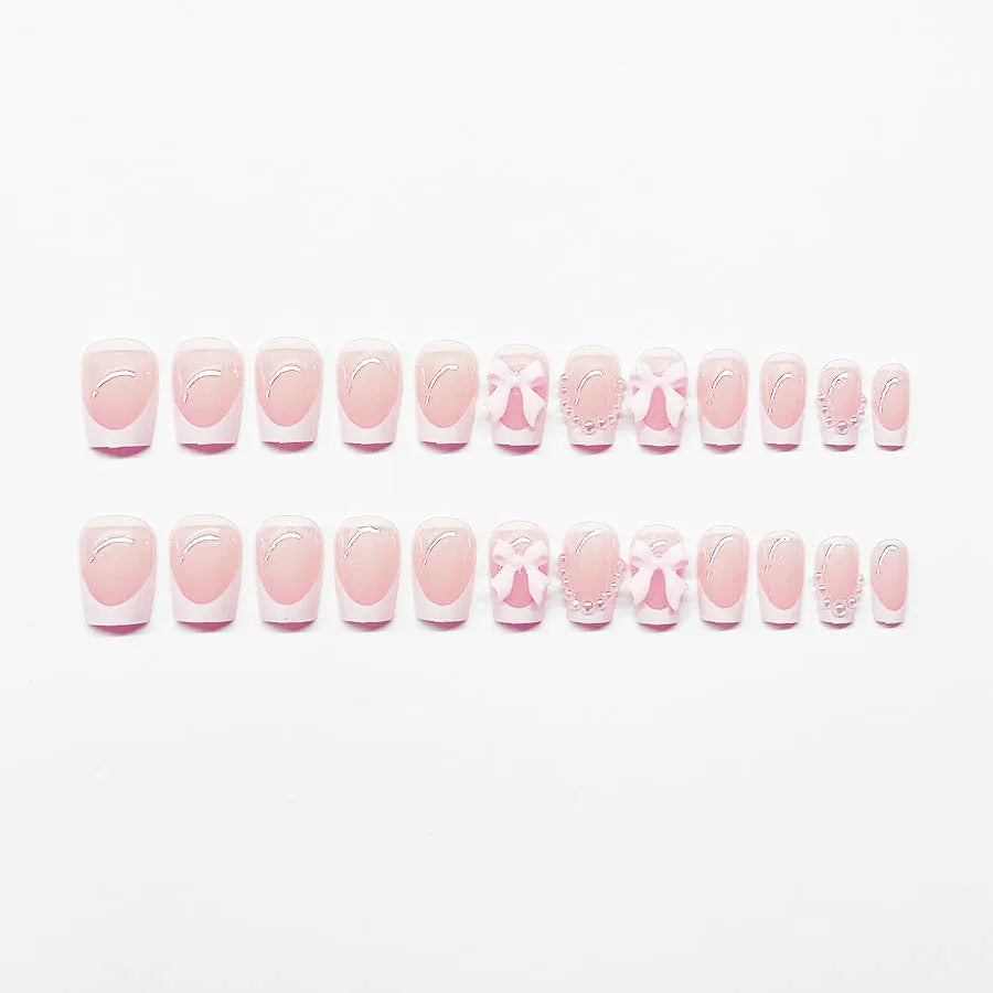 Short French manicure nail art set with bow patterns and S274 glue bottles