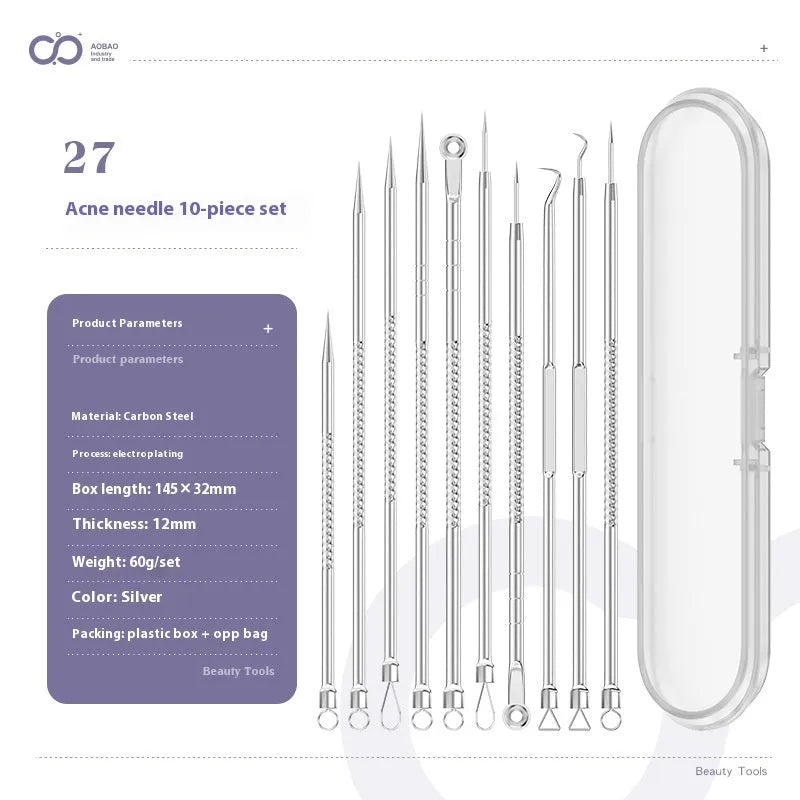 Four silver metal acne needles with fine pointed tips laid out on a surface.