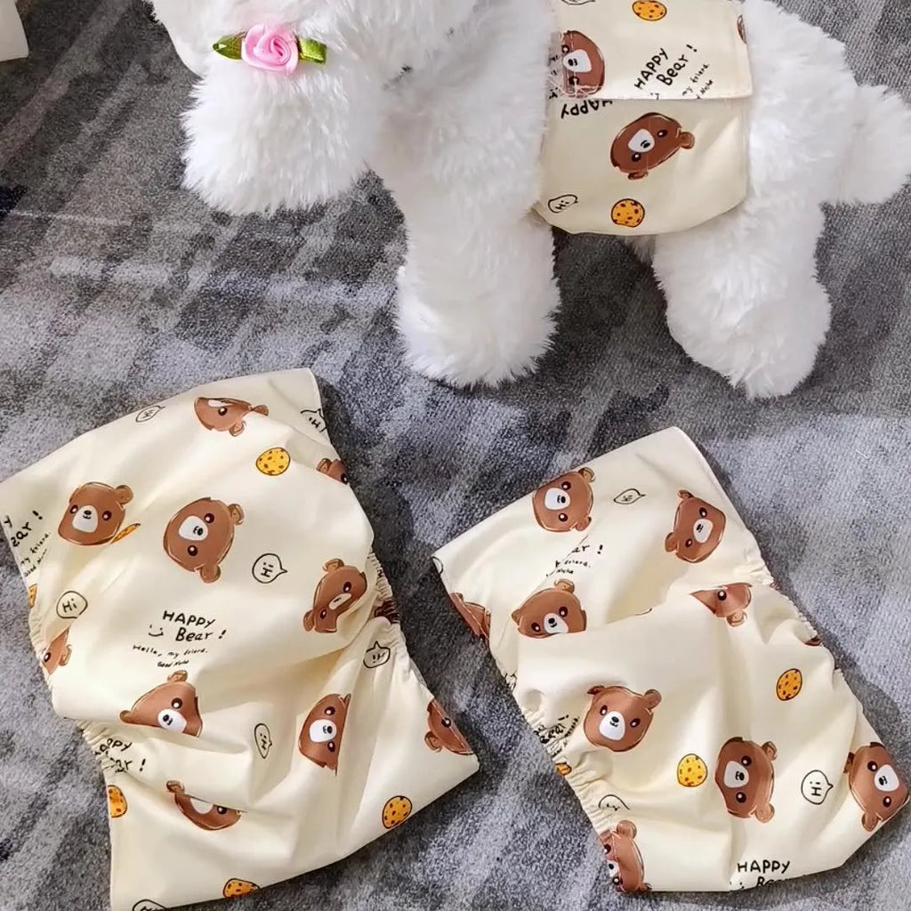 Reusable dog sanitary pant in cartoon print with fastener tape and elastic waistband for male dogs