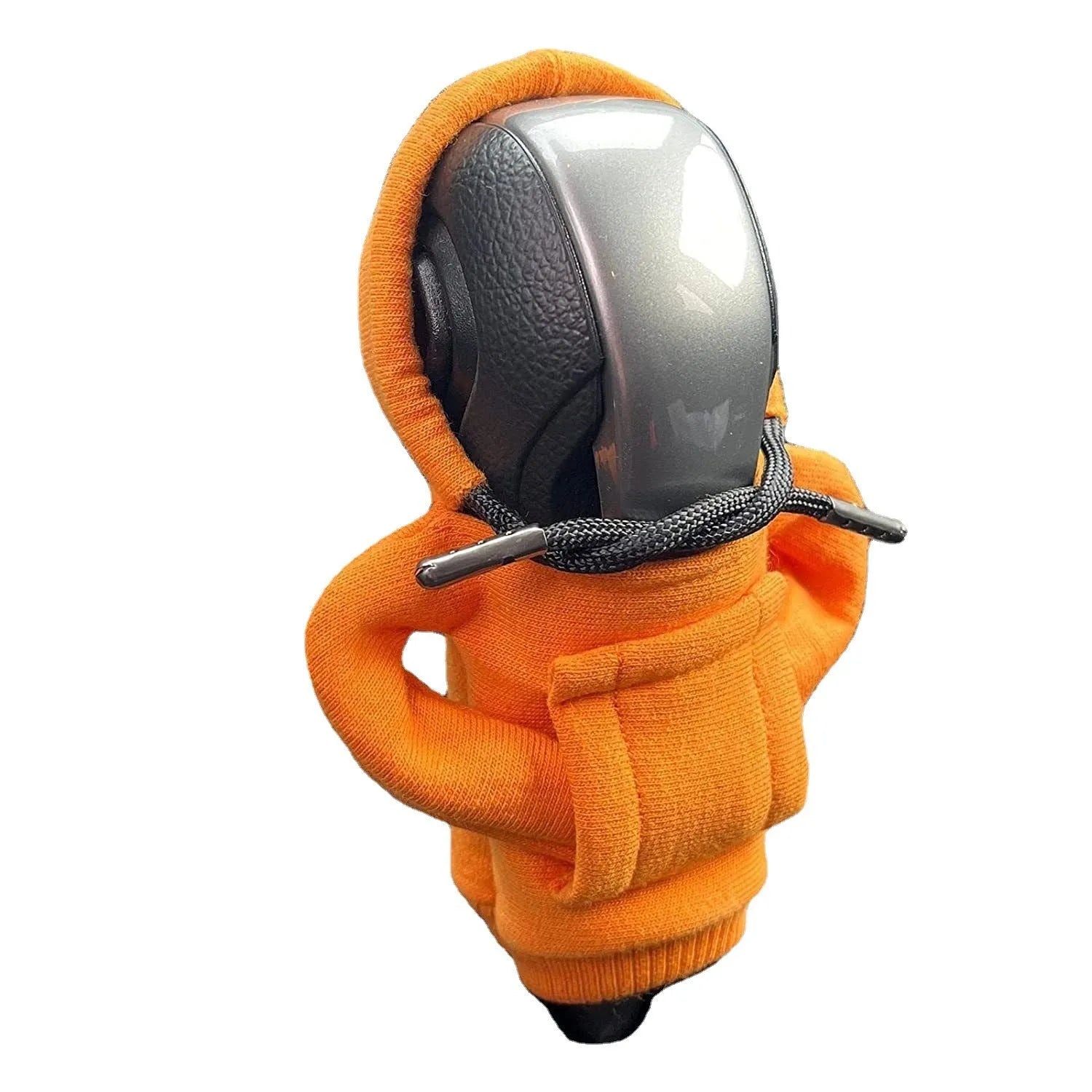 Blue cloth gear shift knob cover with sewn edges, shown next to a 13cm by 8cm size guide.