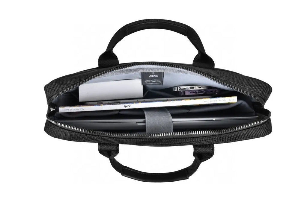 Black Oxford cloth computer handbag showing multi-pocket design and laptop compartment