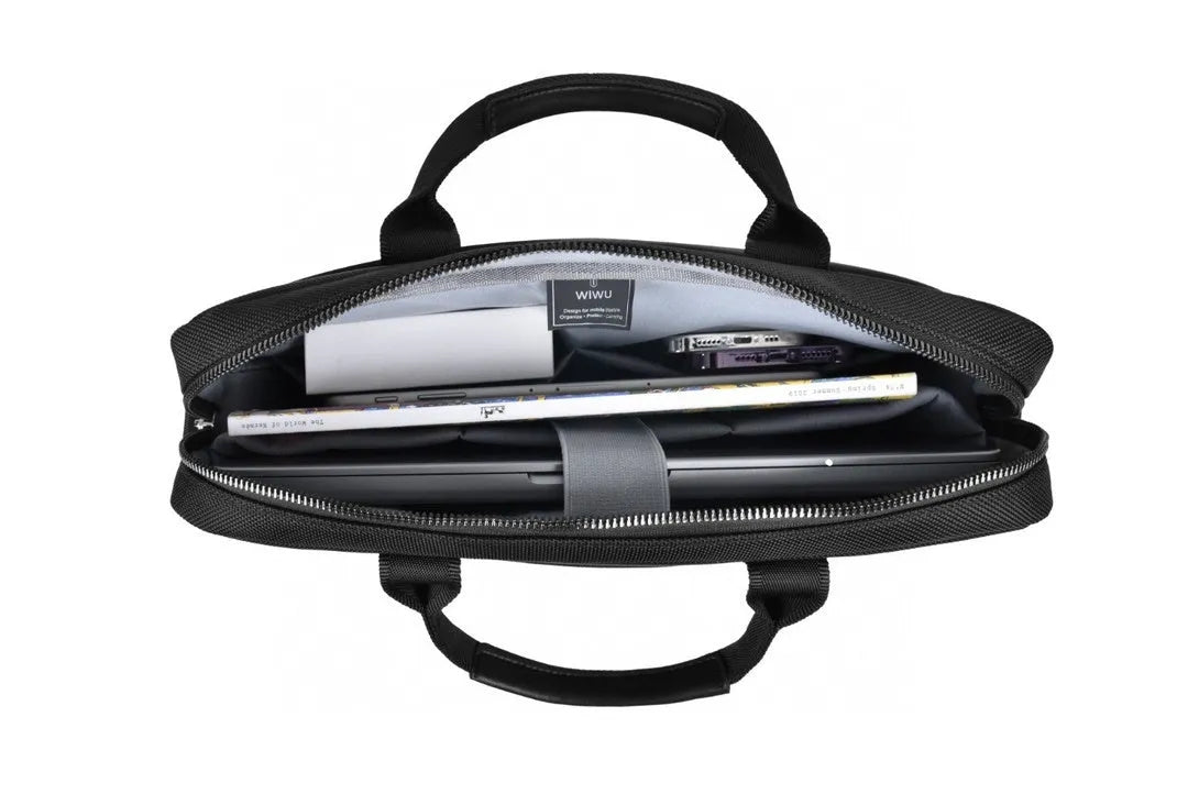 Black Oxford cloth computer handbag showing multi-pocket design and laptop compartment