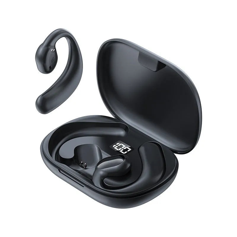 Ear-mounted Bluetooth headset with bone conduction technology and digital display screen in black colour