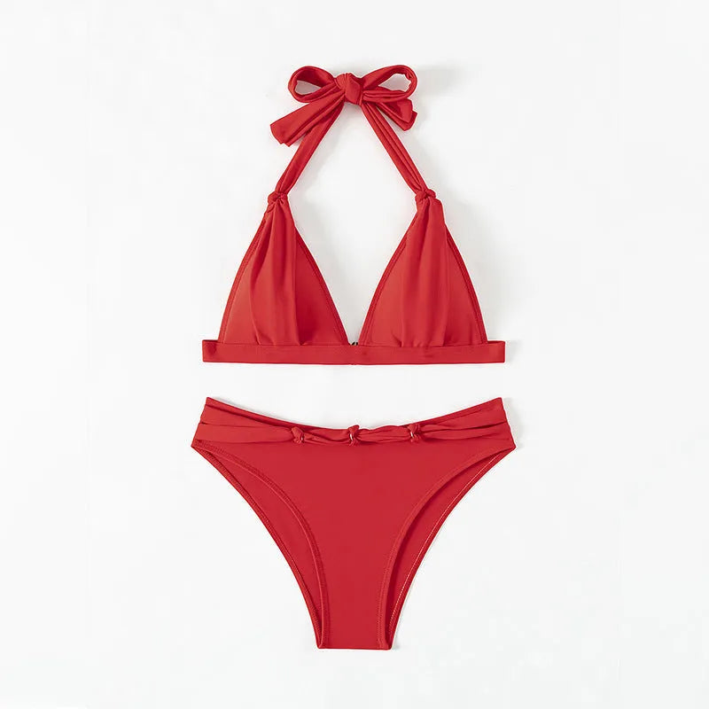 Red women's lace-up halterneck split beach bikini with top and shorts set