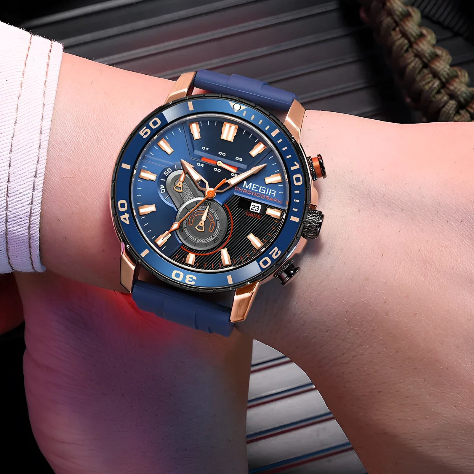 Men's multi-function chronograph calendar sports watch with 53mm dial, mineral glass, stainless steel, blue dial colour