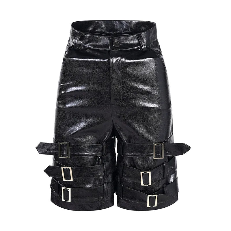 Men's black PU leather cropped shorts with medium-low waist design