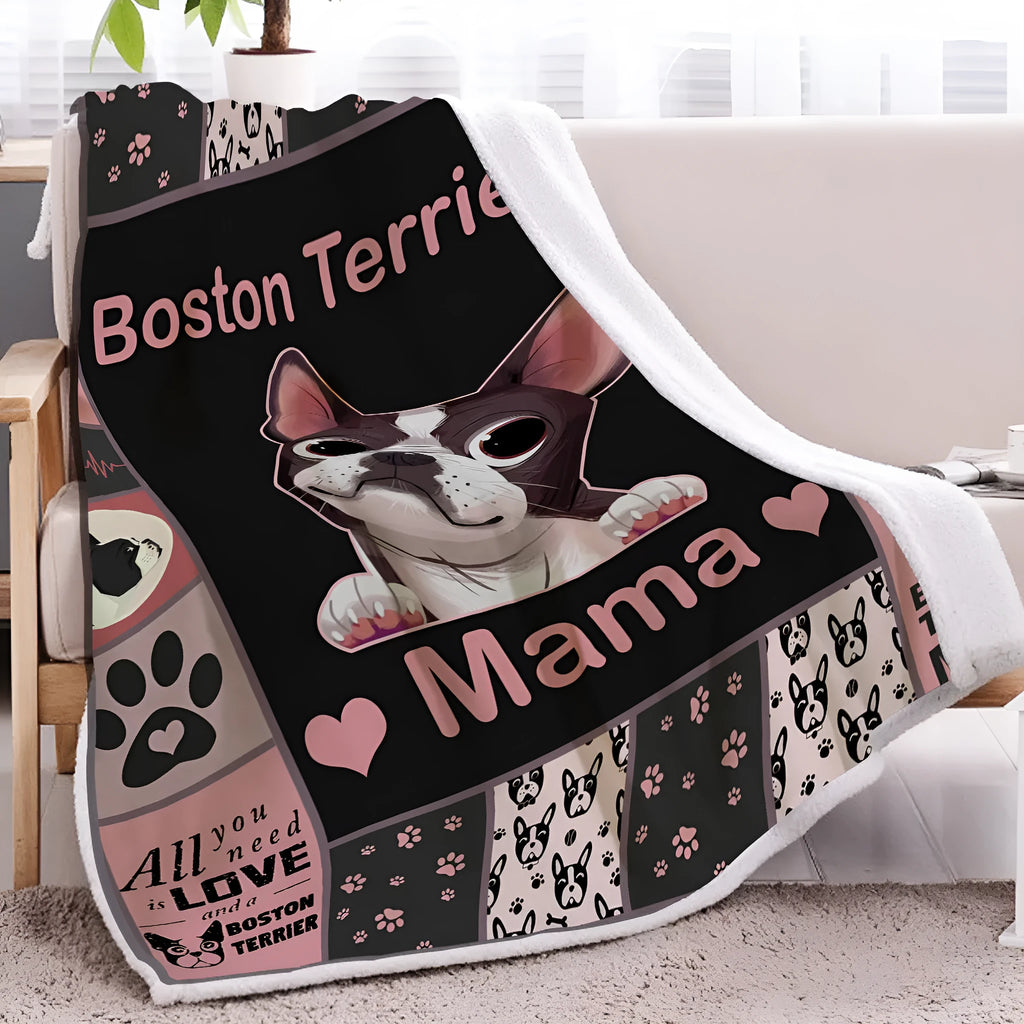 Pink dog themed lamb wool Sherpa fleece blanket on a sofa, soft and warm