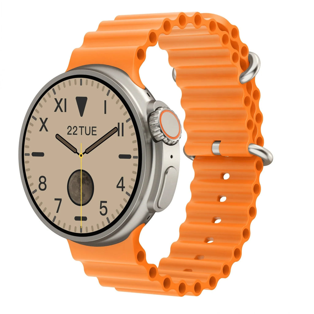K9 smart watch with round screen on silicone strap showing fitness stats interface