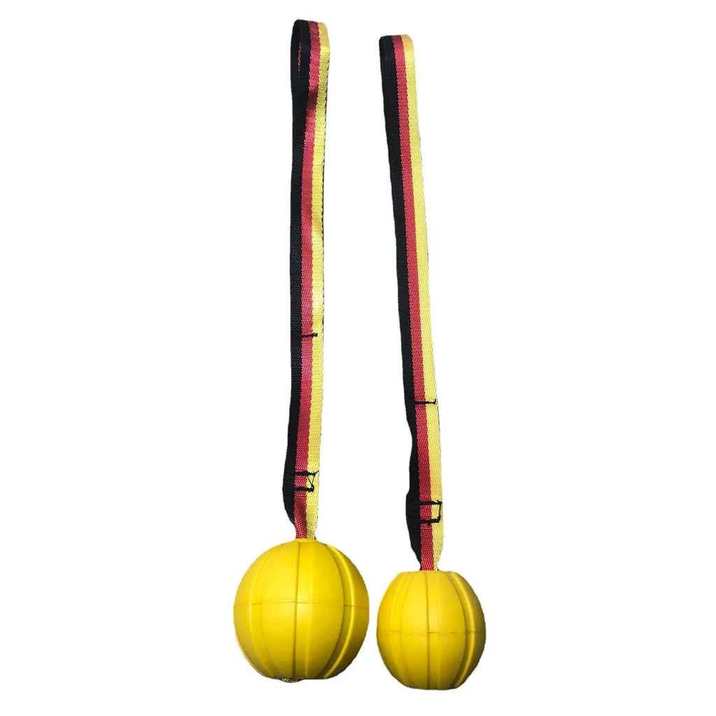 EVA floating tetherball dog toy in camouflage and yellow colours showing three diameter sizes