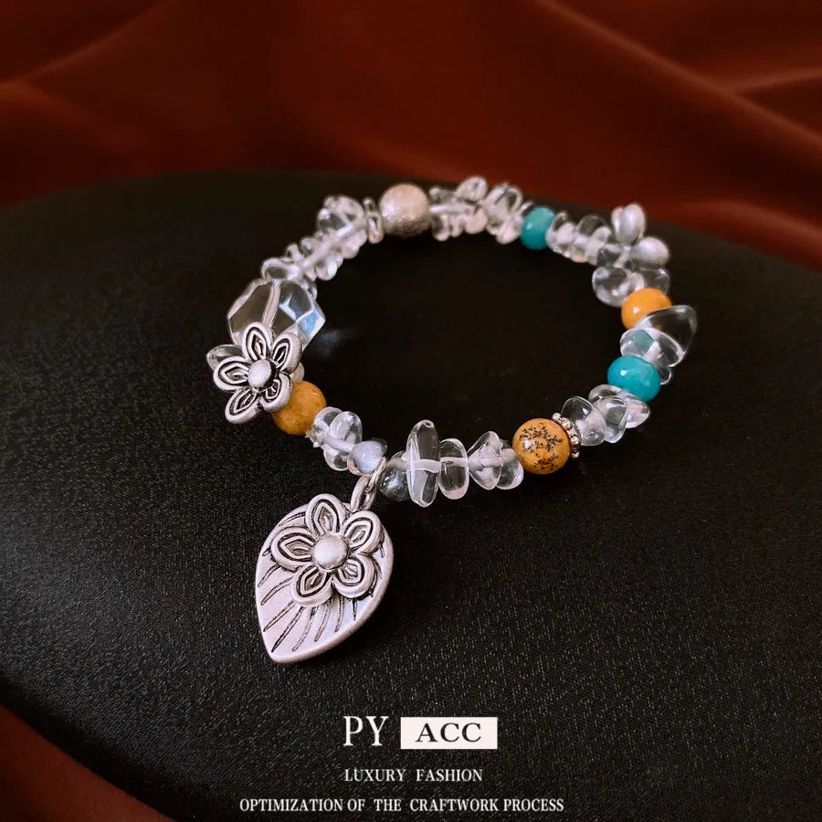 Retro ethnic style gravel flower bracelet for women, alloy electroplated, blue colour variant