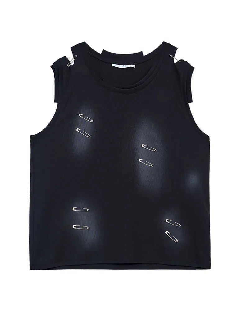 Men's black ripped vest waistcoat with irregular cutting, sleeveless design, round neck.