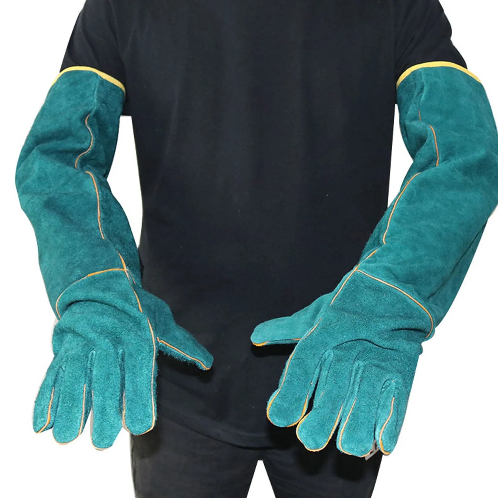 Multi-function anti-bite safety gloves made of thickened cowhide leather, dark green, with extended barrel cuffs for animal handling.