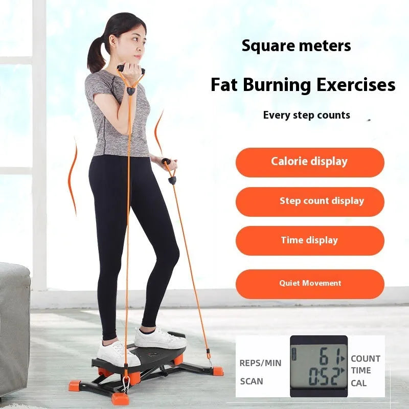 Black JS101A mini fitness skiing machine with elastic hand straps on a home floor