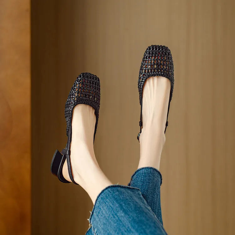 Woven hollow-out closed toe sandals for women with 4cm chunky heel and buckle closure in beige