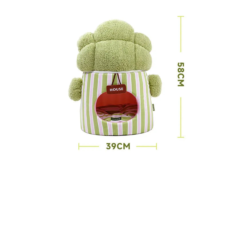 Creative cauliflower tree hole enclosed pet bed in plush material for cats and small dogs, green colour