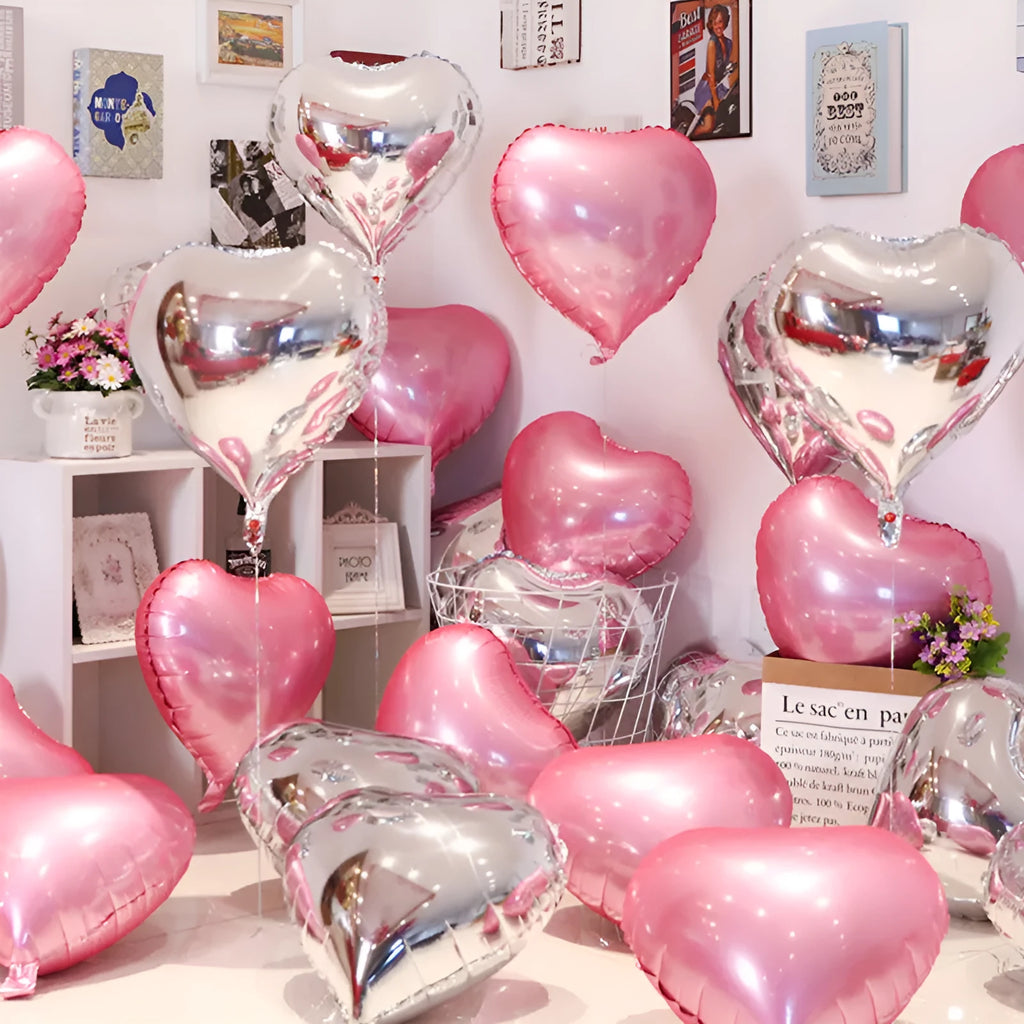 Aluminium foil peach heart balloons in metallic colours with sparkling finish