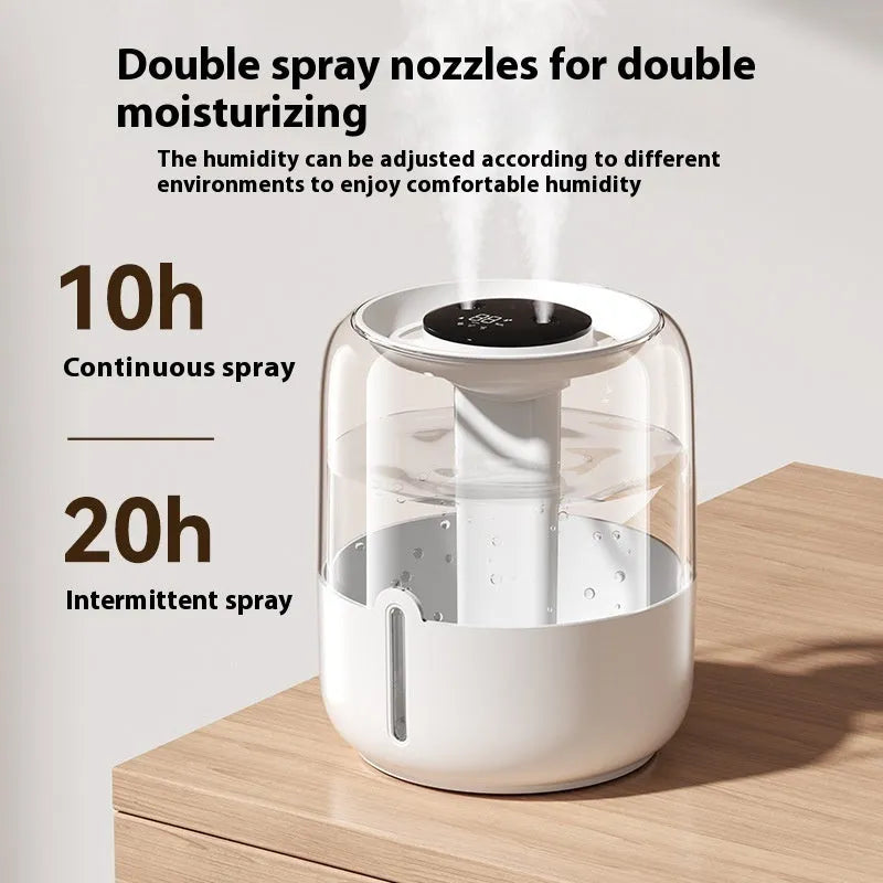 Beige round USB humidifier with dual spray nozzles, display screen, and night light