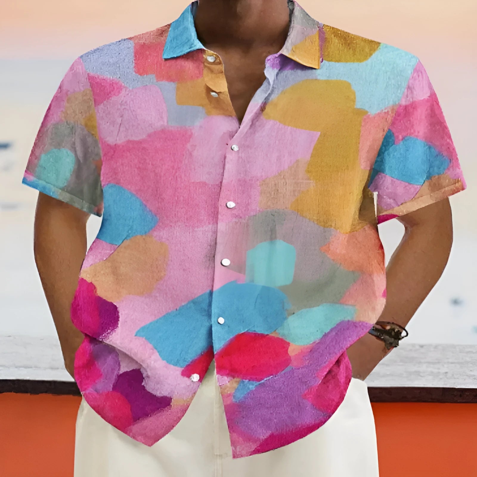 Hawaiian style stand collar short sleeve cardigan with 3D printing design in loose fit