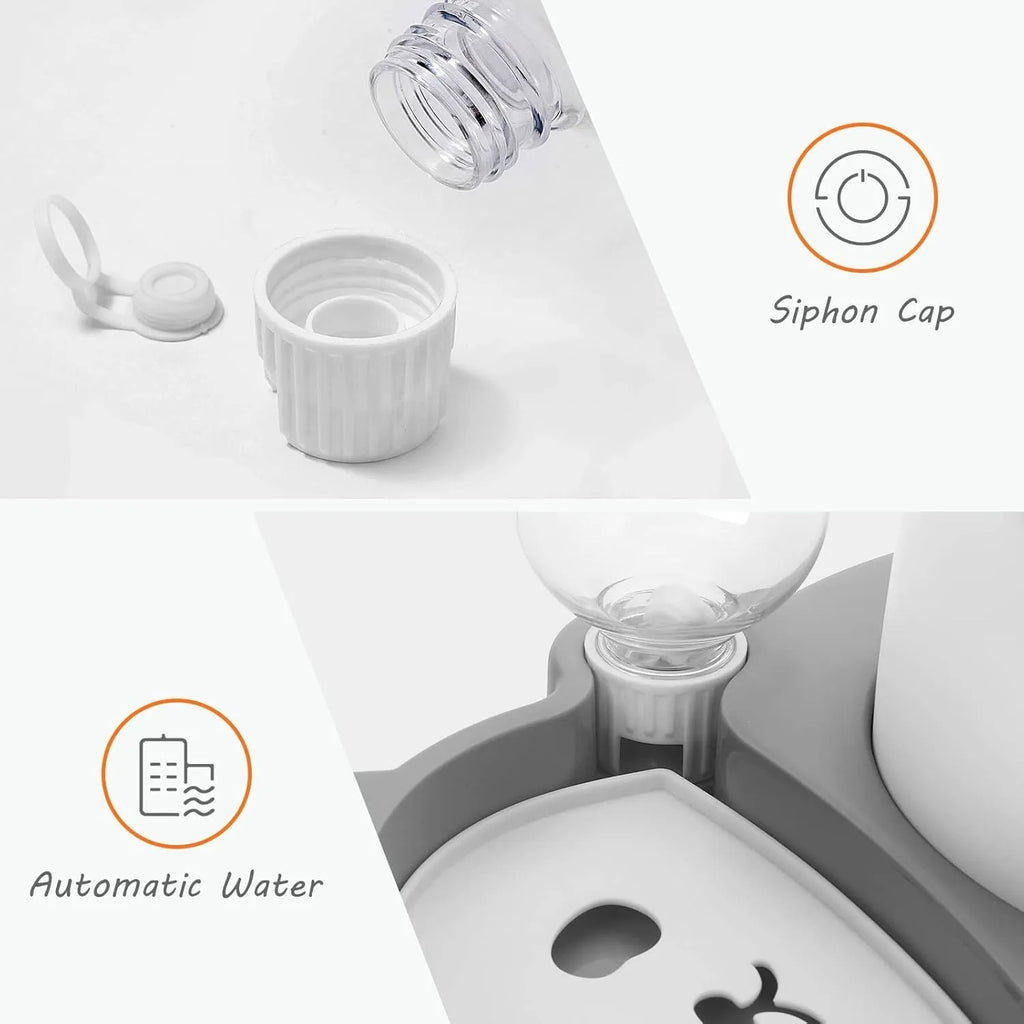 Grey and green panda-shaped elevated pet feeder with automatic water bottle and two tilted stainless steel bowls.