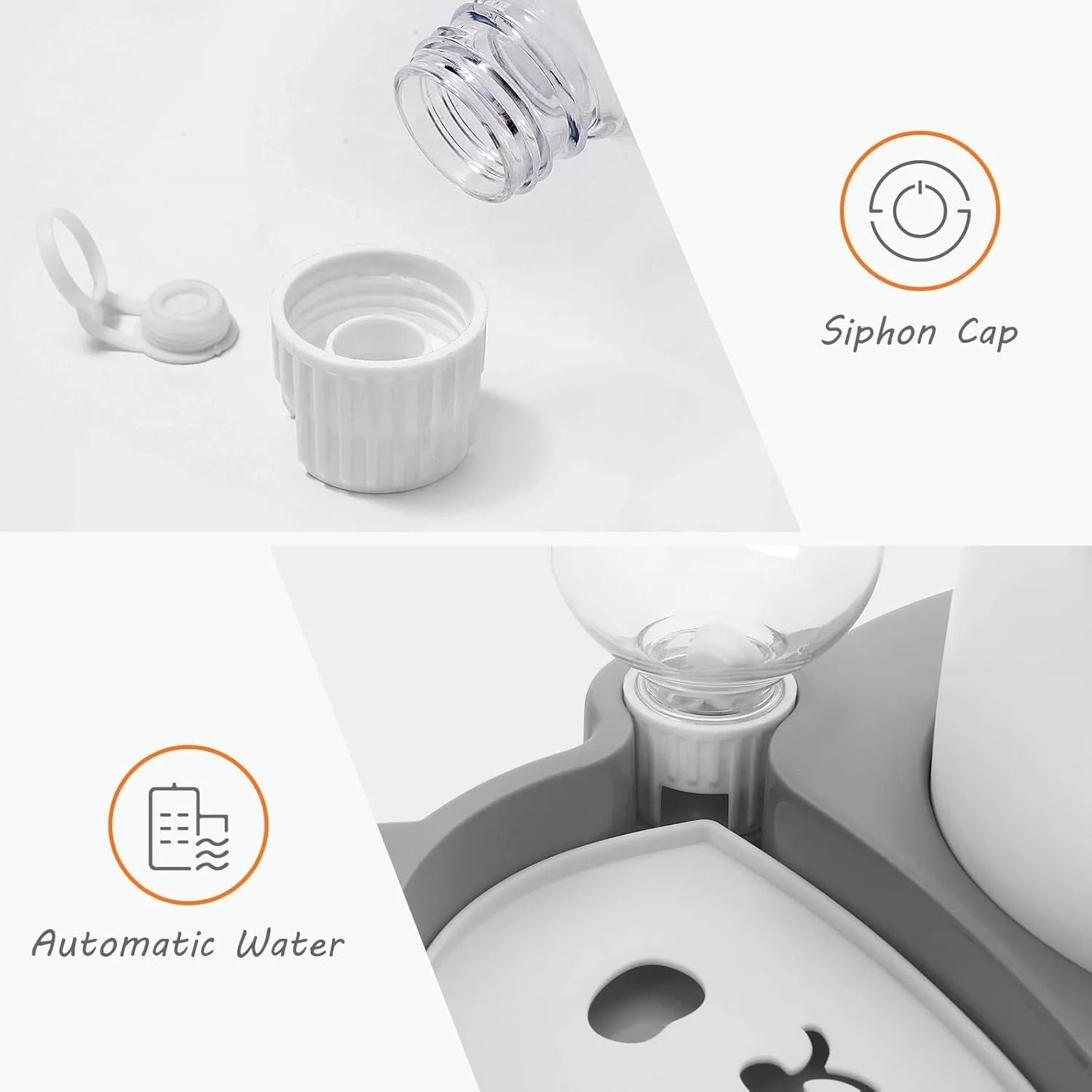Grey and green panda-shaped elevated pet feeder with automatic water bottle and two tilted stainless steel bowls.