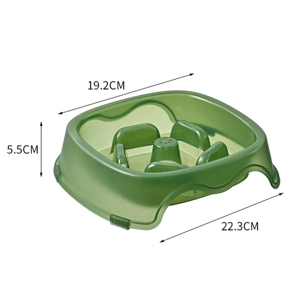 Dog slow feeder bowl with anti-choking maze pattern in BPA-free plastic available in four colours