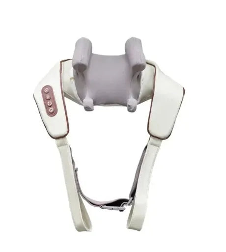 Milky white rechargeable shoulder and neck massager with USB cable