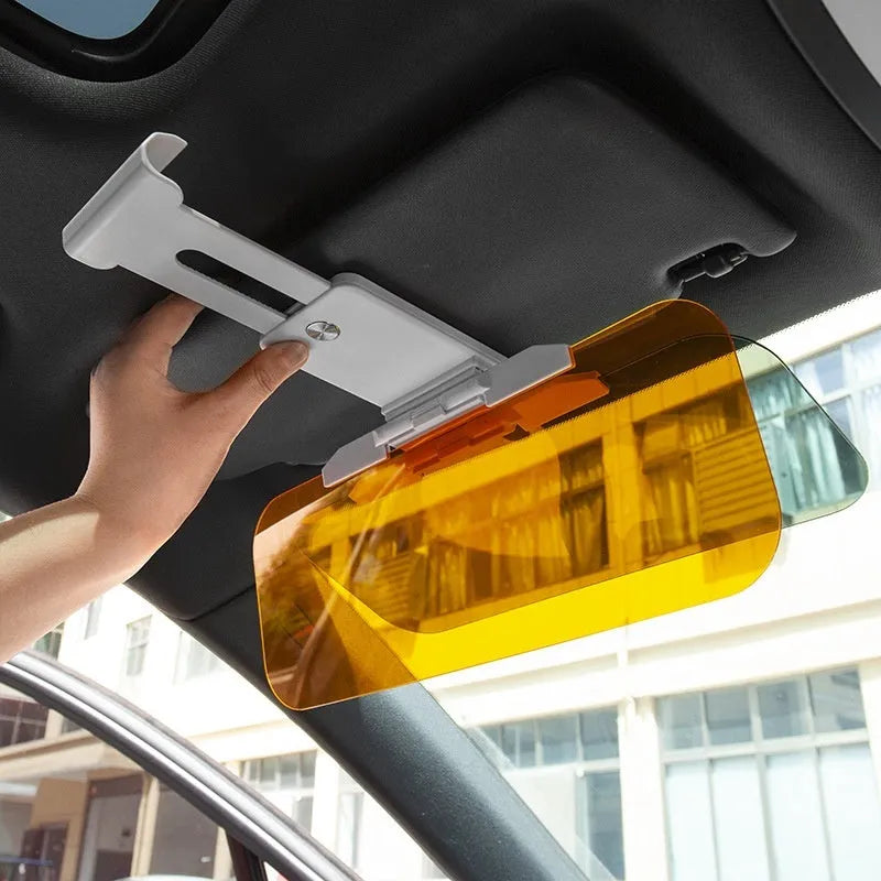 Universal anti-high beam car sun visor with acrylic lens shown in colour box packaging.