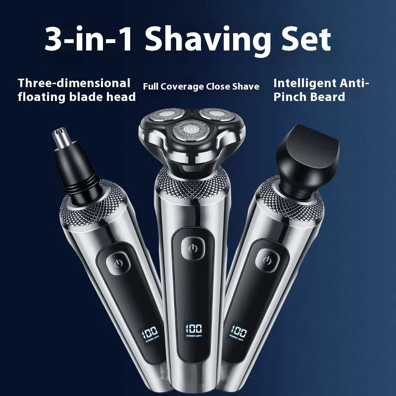 Fully washable digital USB rechargeable beard shaver with LED display on five-in-one base.