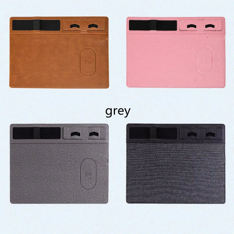 Pink PU leather wireless charging mouse pad with phone holder showing 320x260 mm dimensions