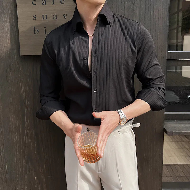 Men's dark striped V-neck long sleeve shirt in chemical fibre blend fabric