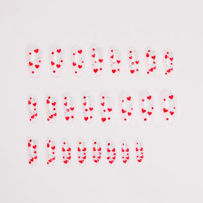 Red diamond and cherry pattern nail armour sheets and glue, 24-piece set colour JP1601.
