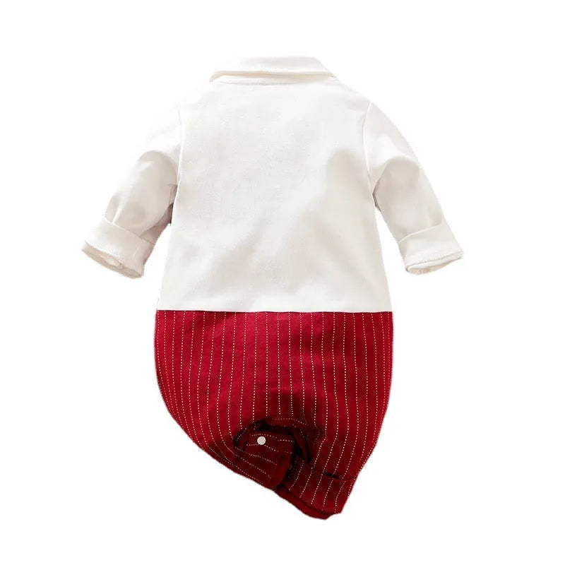 Wine red long sleeve cotton baby boy romper suit with single-breasted closure for spring and autumn wear.