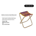 Black ethnic-style aluminium alloy portable folding stool shown in folded and unfolded positions.