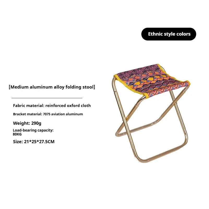 Black national style folding camping stool with aluminium alloy frame in open position.