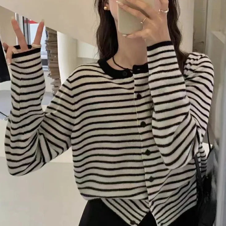 Women's French-style striped cardigan coat in dark grey with white stripes, slim fit design