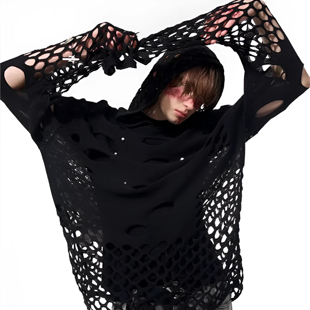 Black men's loose hoodie with pearl decoration on the hood, shown as a thin spring sweater.