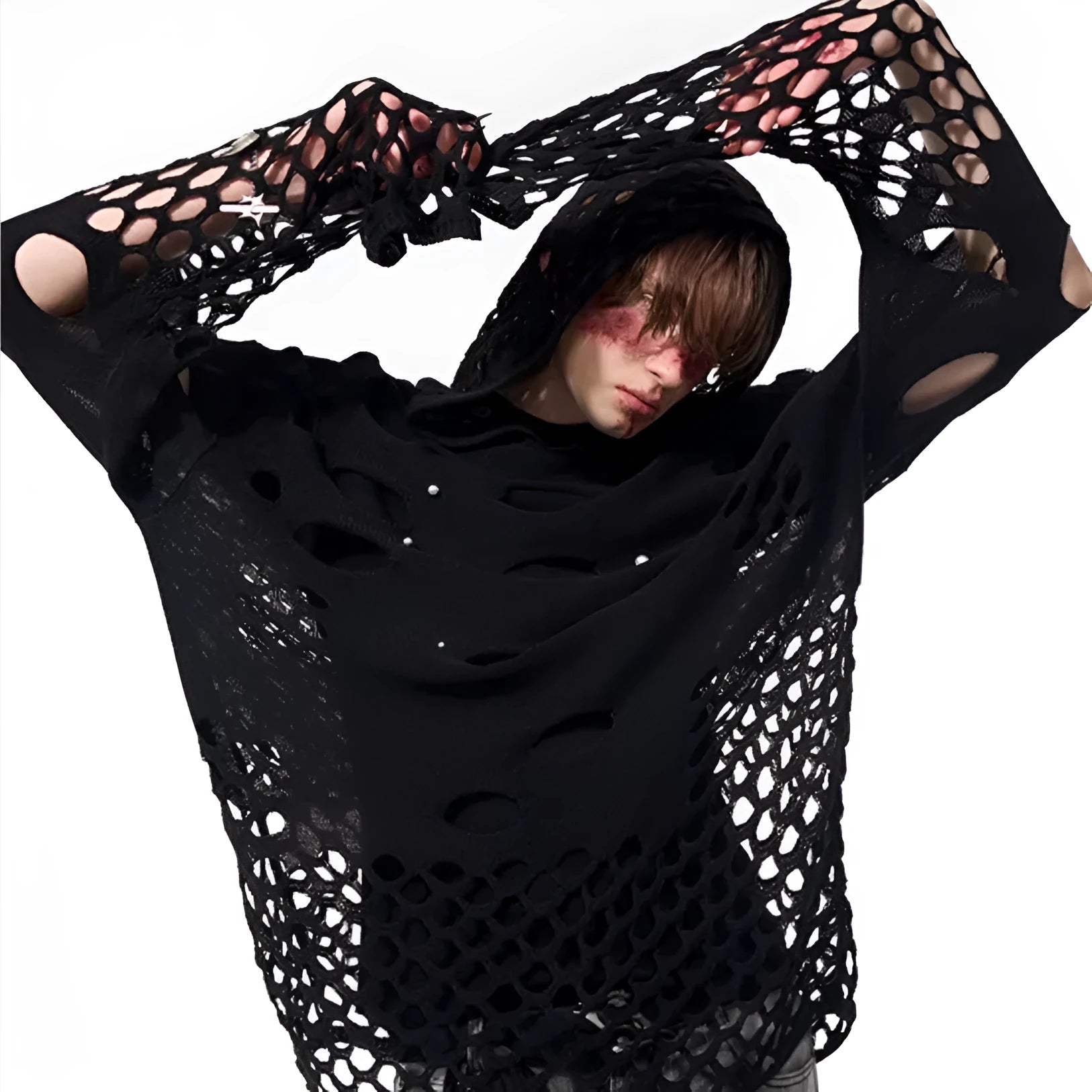 Black men's loose hoodie with pearl decoration on the hood, shown as a thin spring sweater.