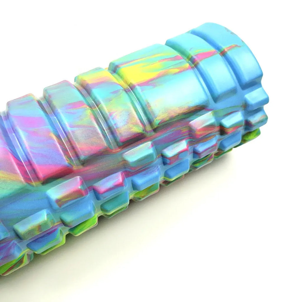 33cm long camouflage pattern EVA foam roller with 14cm diameter on a plain background.