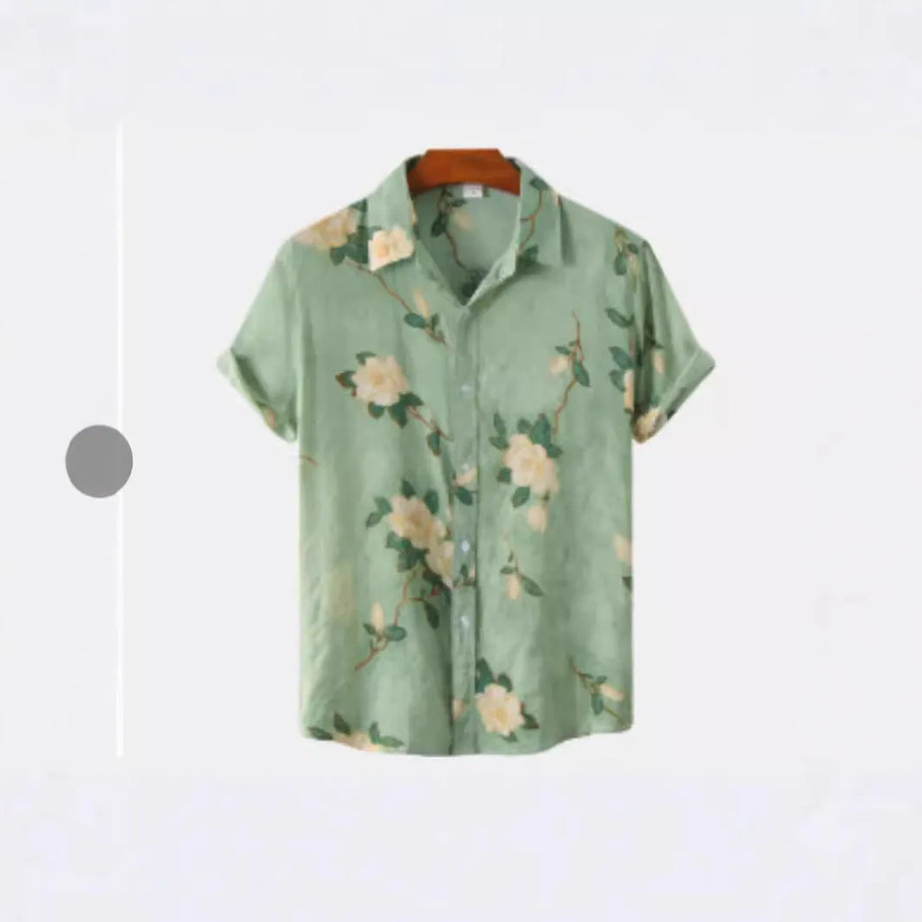 Hawaiian floral print short sleeve shirt with lapel collar in four-sided elastic polyester fabric