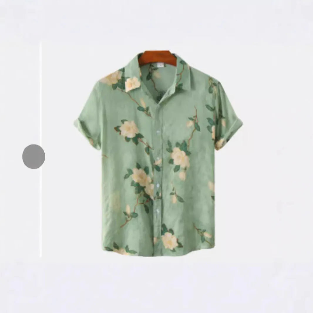Hawaiian floral print short sleeve shirt with lapel collar in four-sided elastic polyester fabric