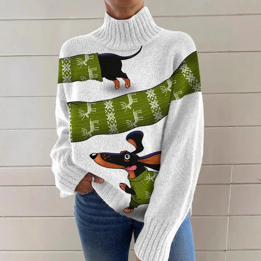 Women's loose fit Christmas printed turtleneck sweater in polyester fabric with painting pattern