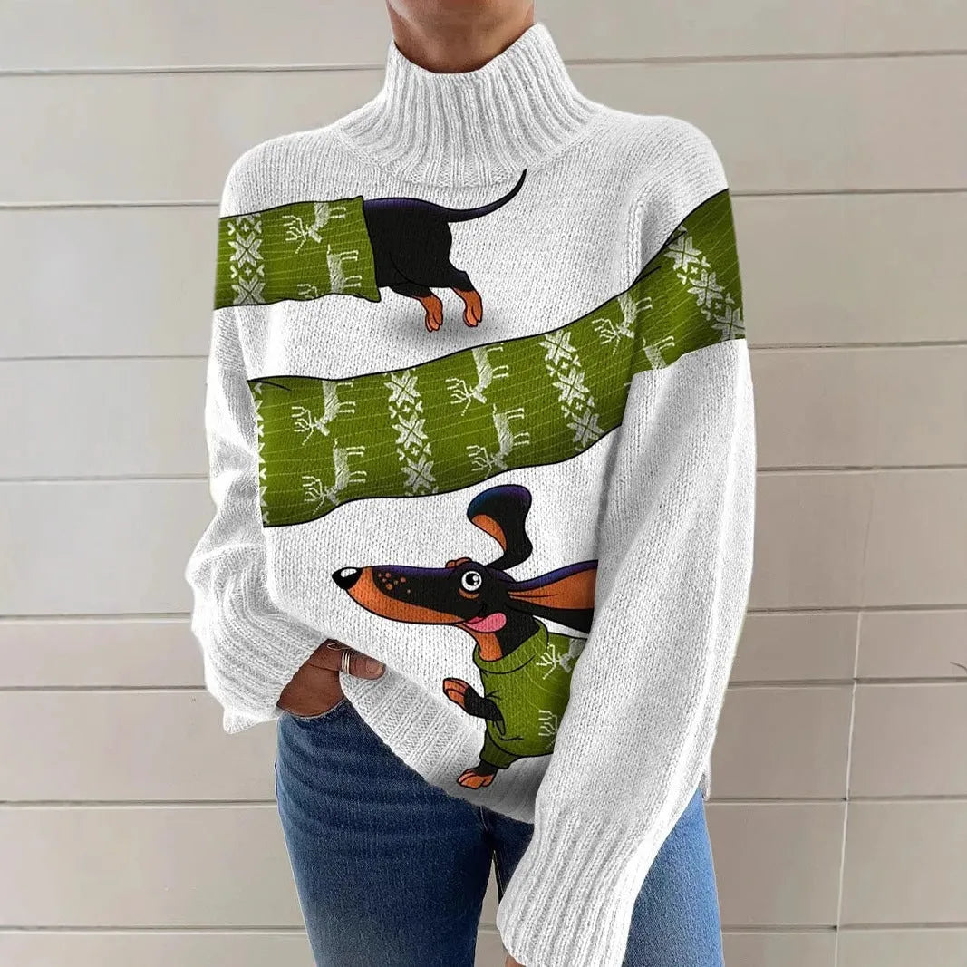 Women's loose fit Christmas printed turtleneck sweater in polyester fabric with painting pattern