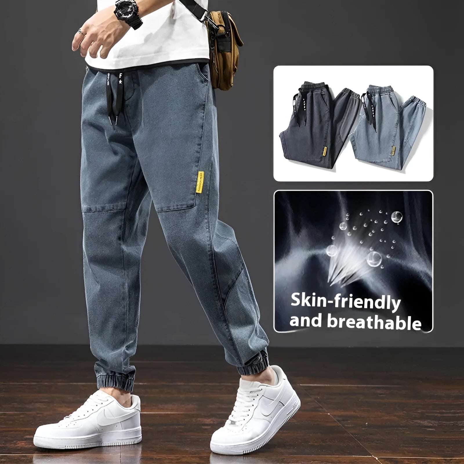 Man wearing loose fit straight leg cargo jeans in blue, showcasing the Korean style and micro-elastic cotton fabric.