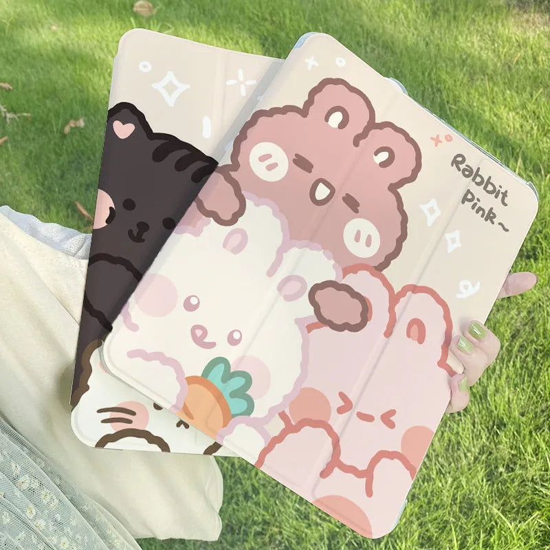 iPad silicone tri-fold protective case showing rabbit cartoon pattern design