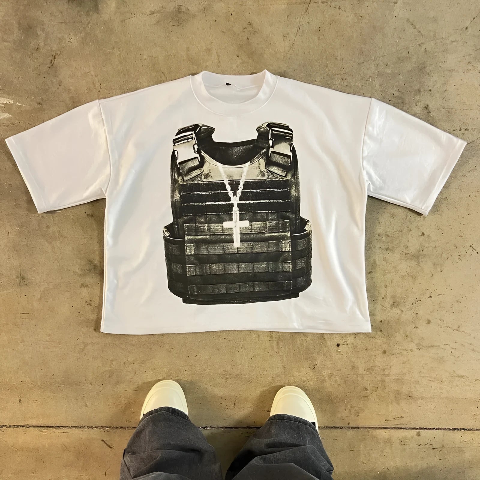 Printed cotton short sleeve retro street style T-shirt with drop-shoulder sleeves and contrast colour detailing