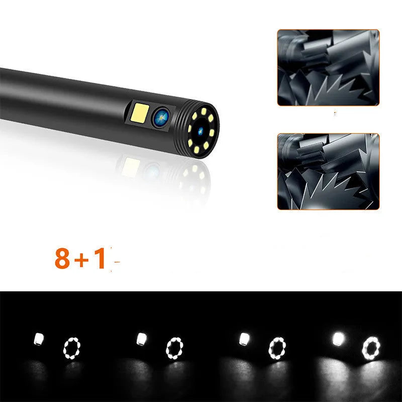 F300 wireless dual lens endoscope with 5.5mm and 8mm waterproof probes, magnet, and hook accessories