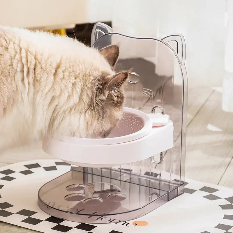 Grey cat ear anti-spill feeding bowl with adjustable height and removable hanging cage attachment