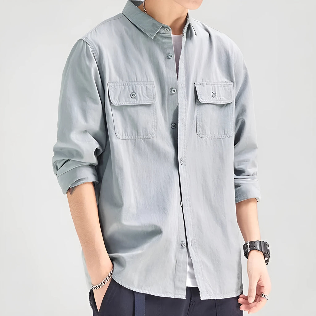 Men's long sleeve polyester overalls shirt in cardigan style with loose fit