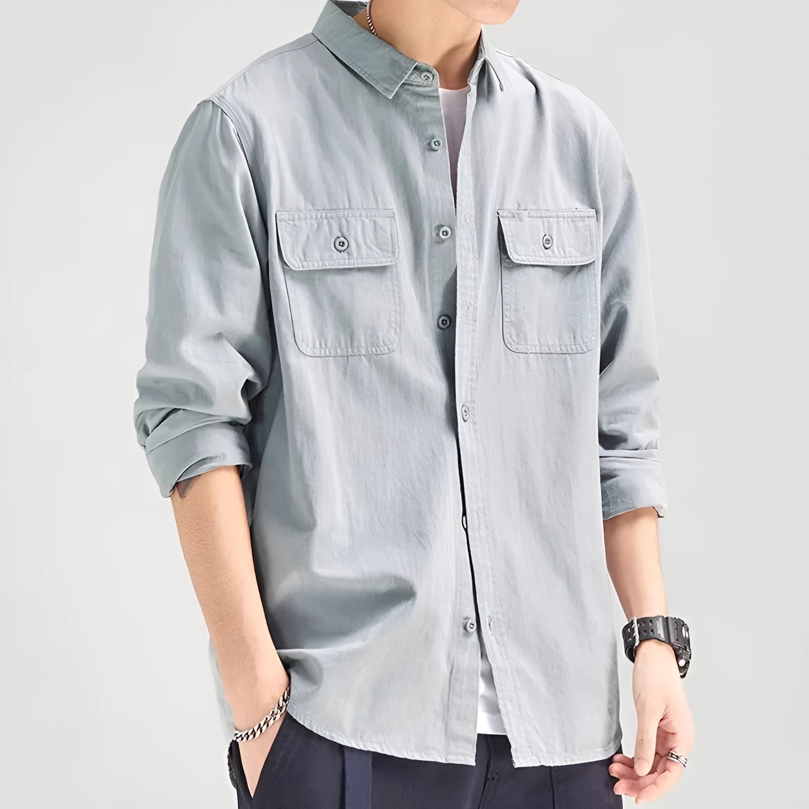 Men's long sleeve polyester overalls shirt in cardigan style with loose fit
